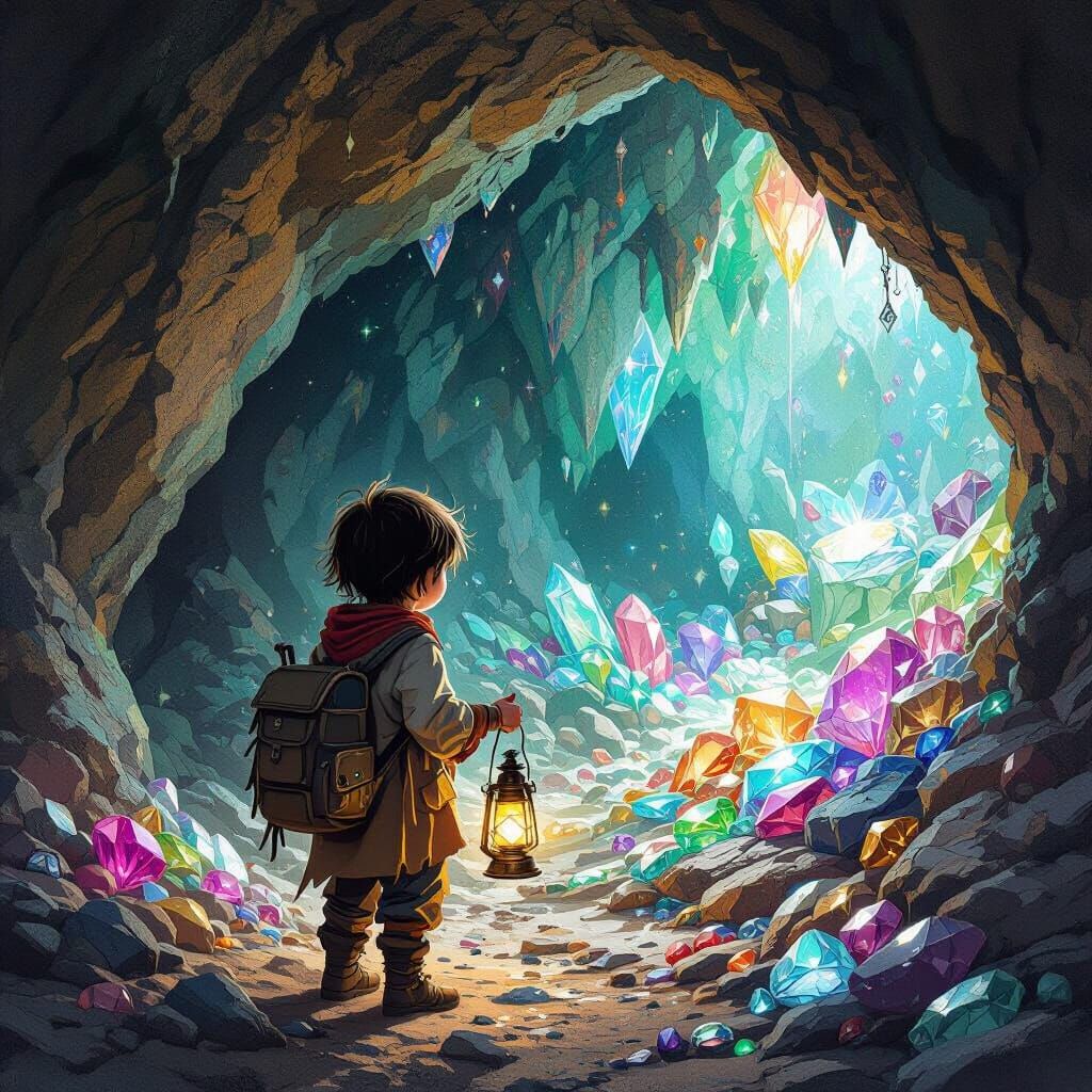 Minor Discovers Gem Cave in Fantasy Art Style