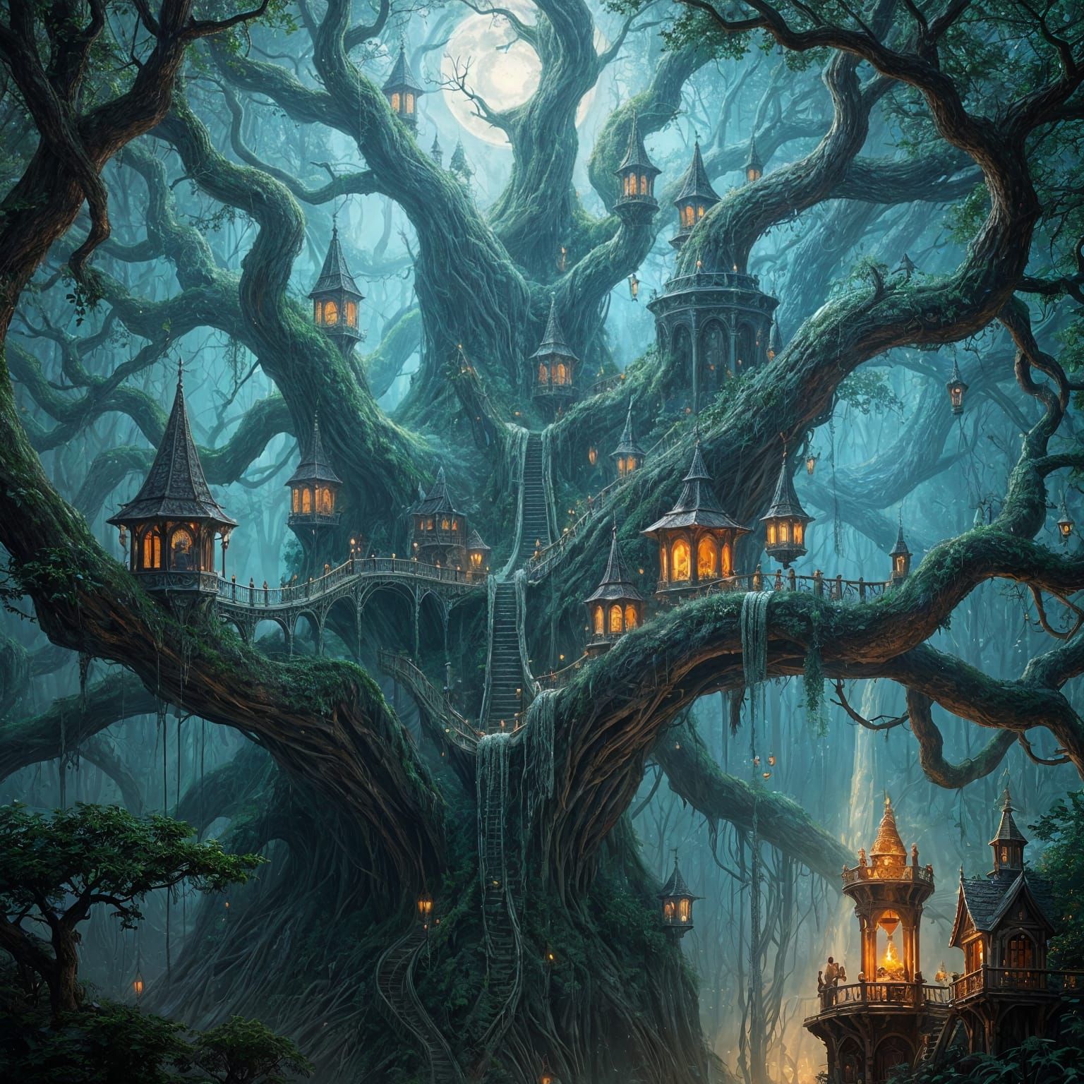 Elven City in Ancient Tree Canopy: Fantasy Concept Art