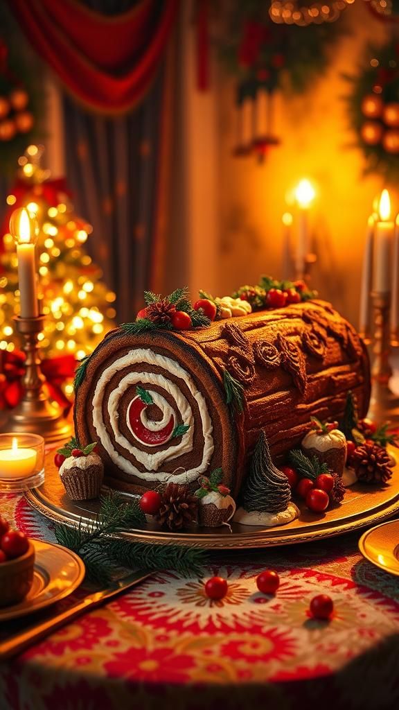 Festive Yule Log Cake in Golden Light