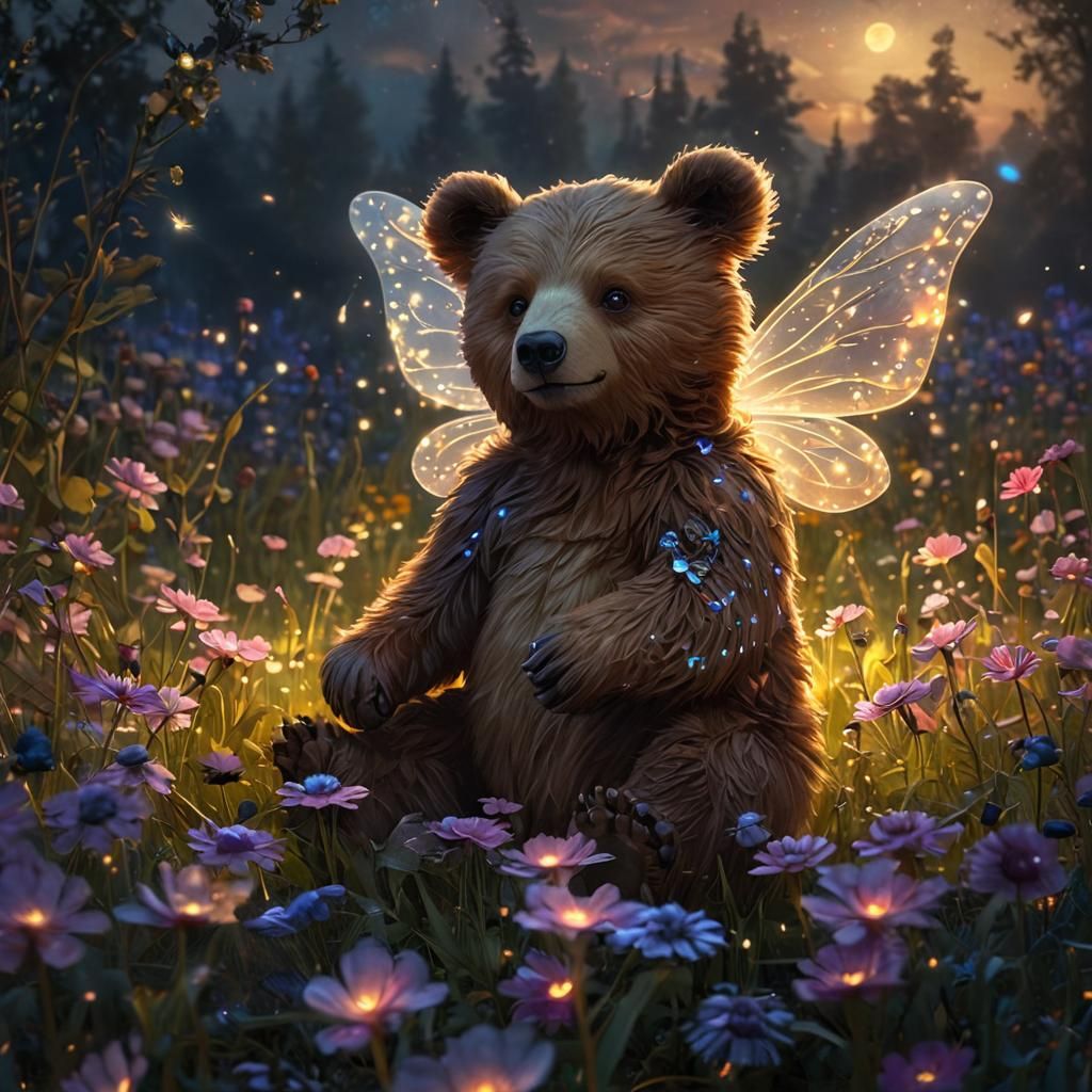 Teddy bear with fairy wings in Fields of flowers