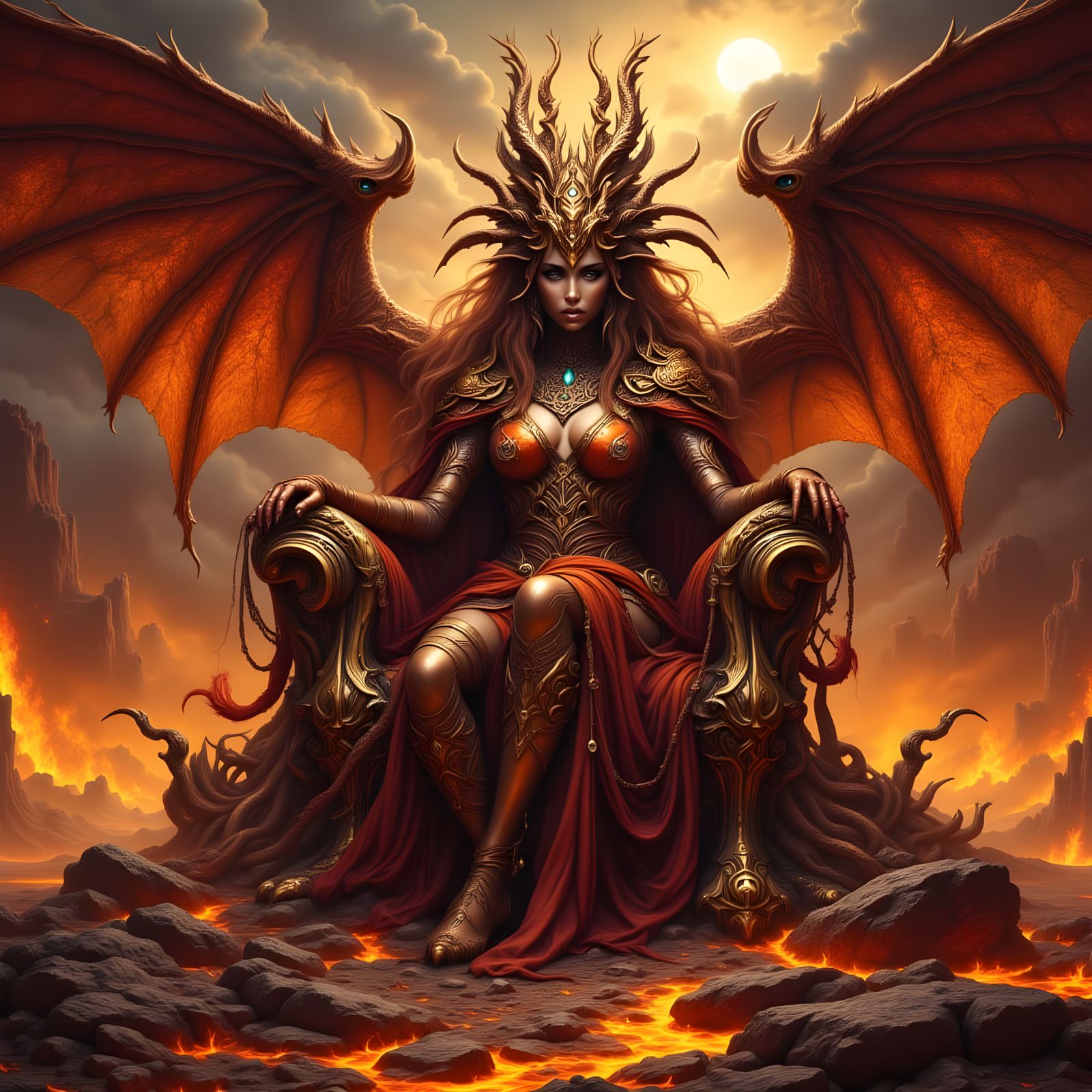 Dragon Queen on Volcanic Throne: Hyperdetailed Art