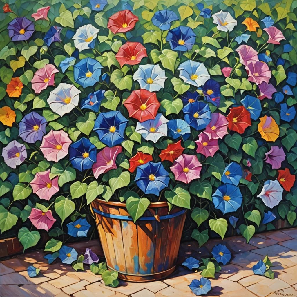 Morning Glories Capture Well Bucket: An Impressionist Oil Pa...
