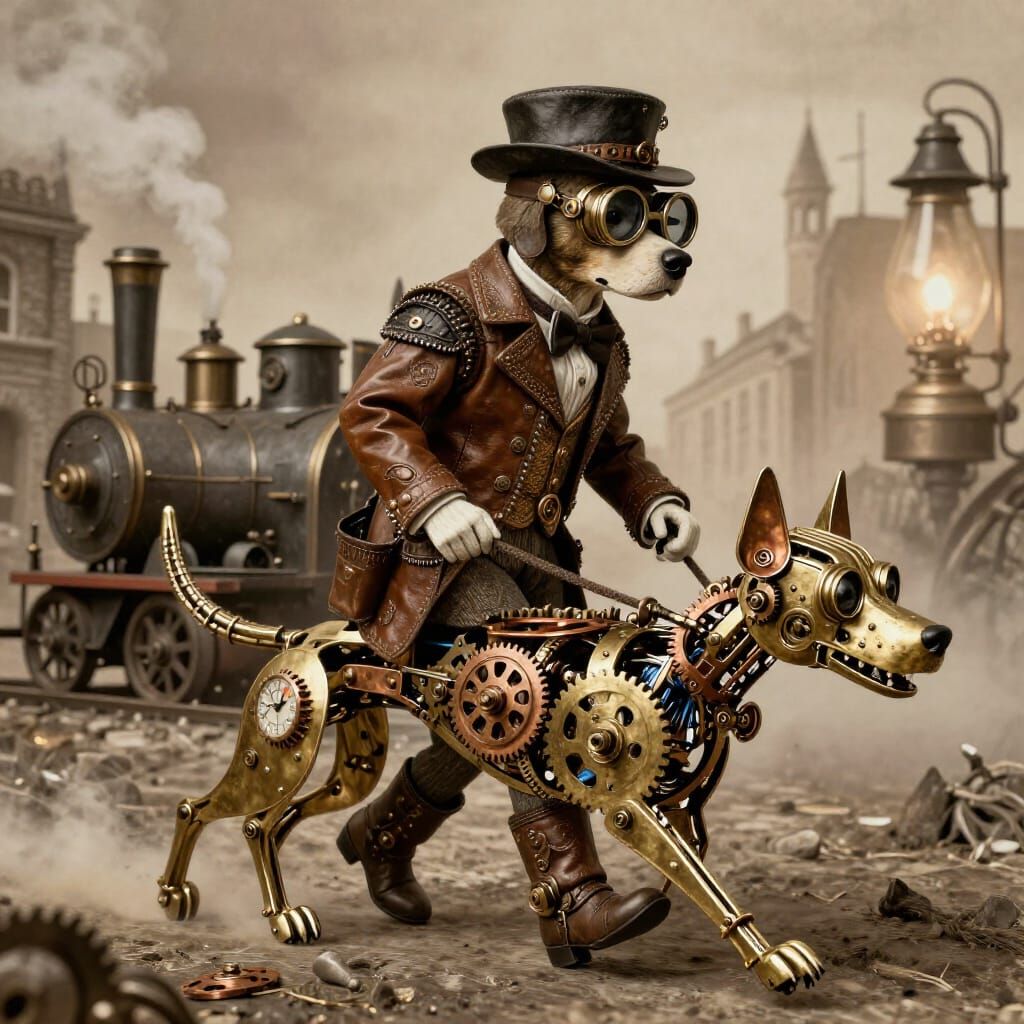 Steampunk Dog Walker with Clockwork Companion in Sepia Tones