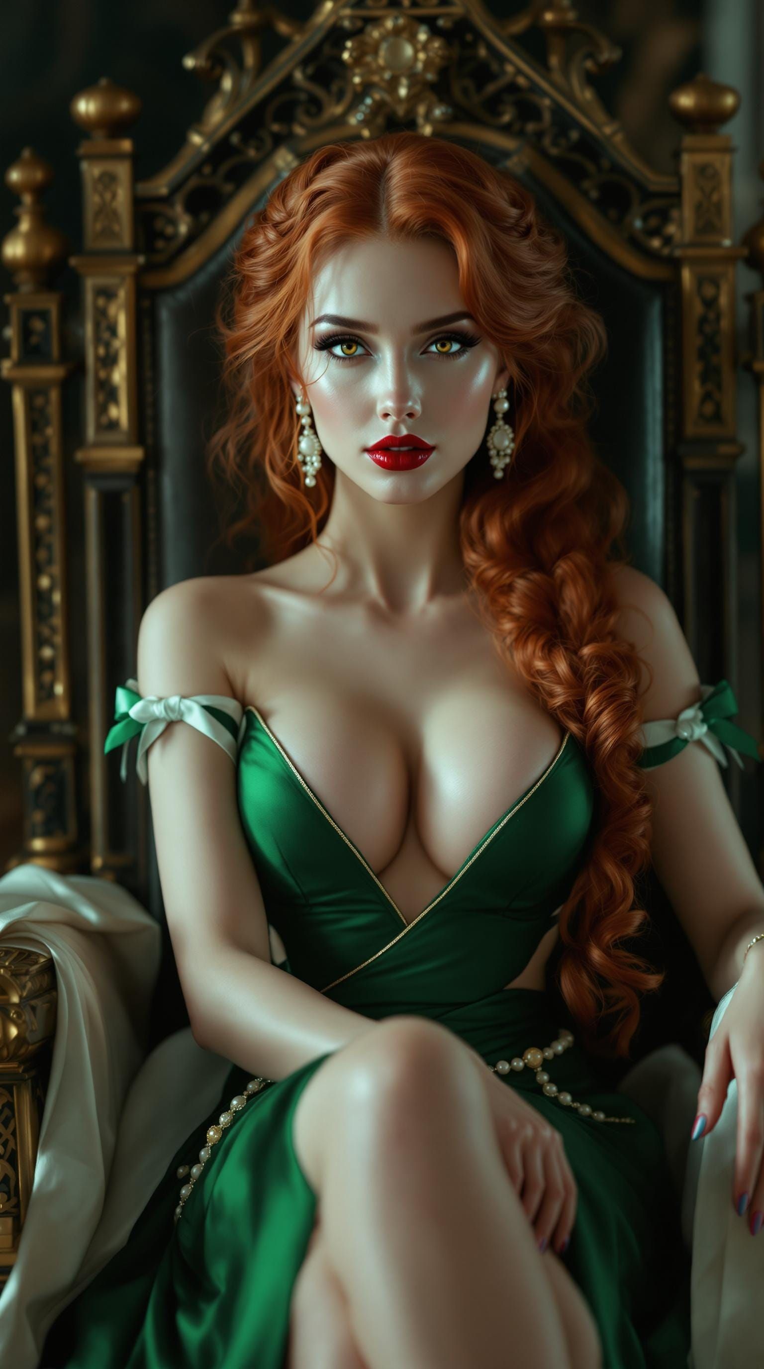 Regal Redheaded Woman in Emerald Gown with Braided Hair and....