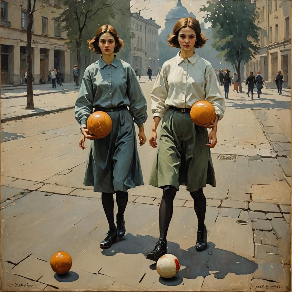 Two Girls Playing Ball: Social Realist Painting