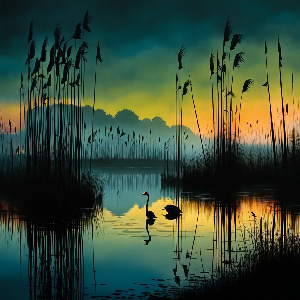 Cranes in Soft Evening Light on a Reed Lake Shore