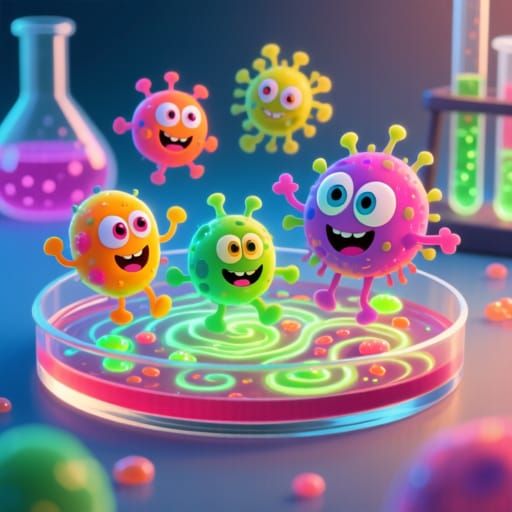 Whimsical Cartoon Microbes in Glowing Petri Dish