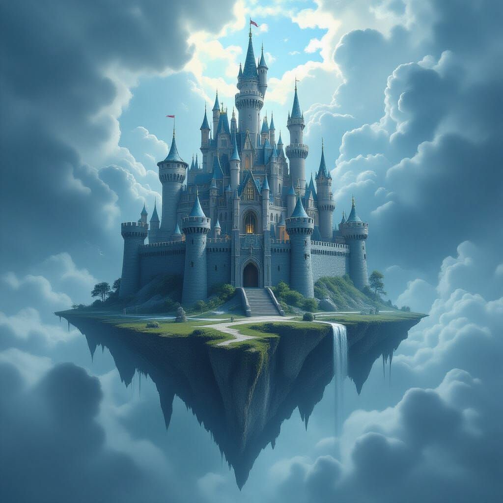 Pencil Castle on Floating Island in Stormy Sky