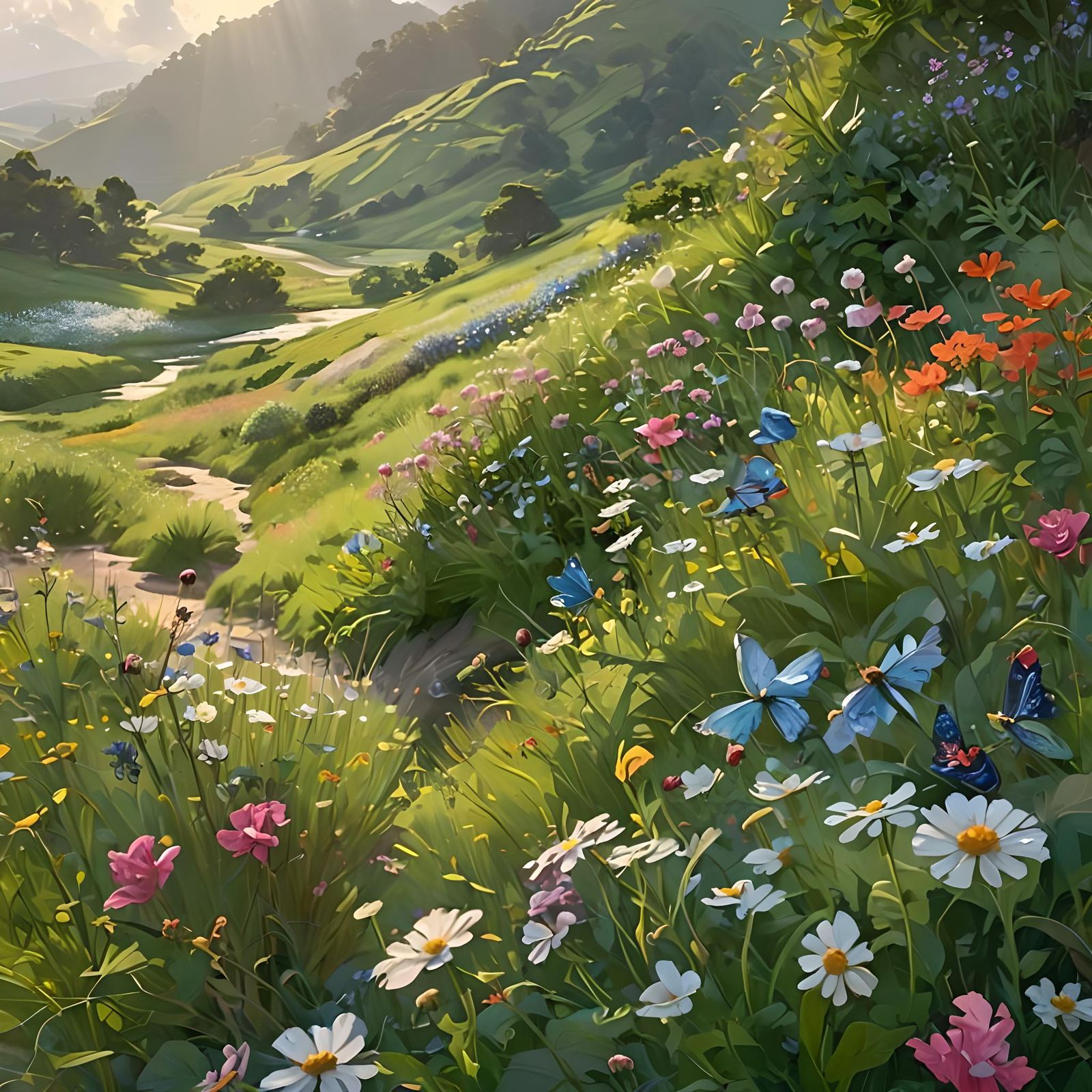 Lush Meadow in Bloom: Art Nouveau Illustration