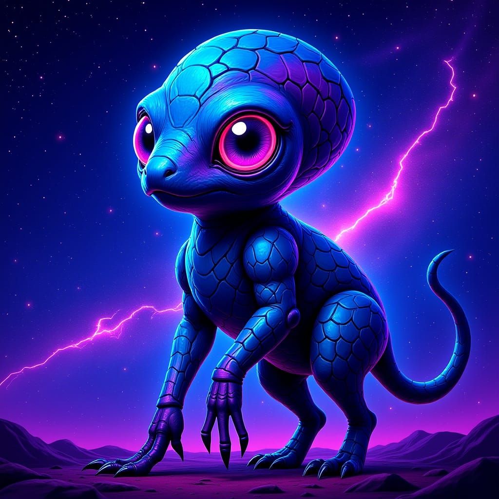 Iridescent Alien Pet in Neon Galaxy, Digital Art