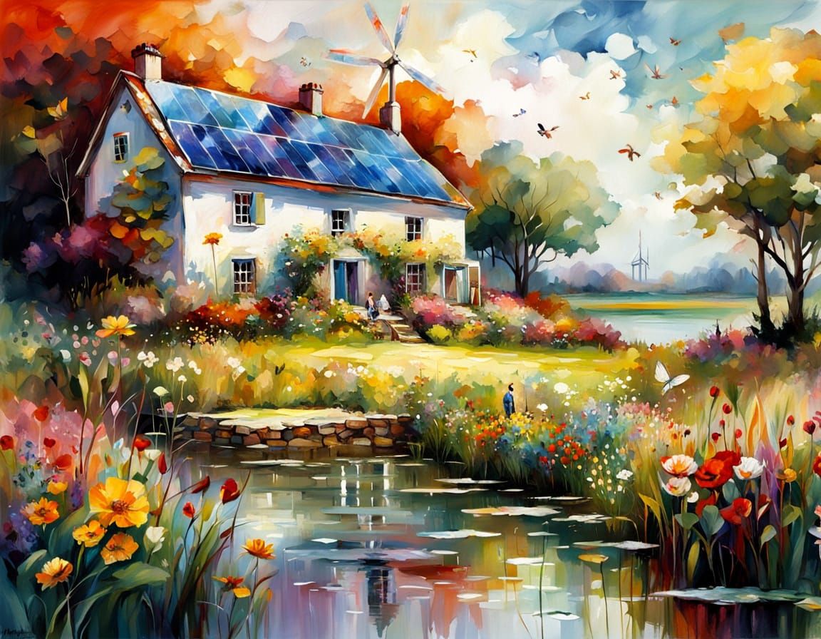 Solarpunk Cottage Amidst a Vibrant Meadow