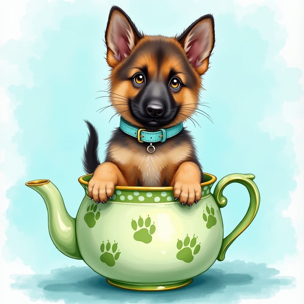 German Shepherd Puppy in a Whimsical Light Green Teapot Scen...