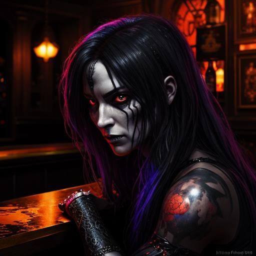 Demonic Temptress in Haunted Bar: Hyperrealistic Splash Art