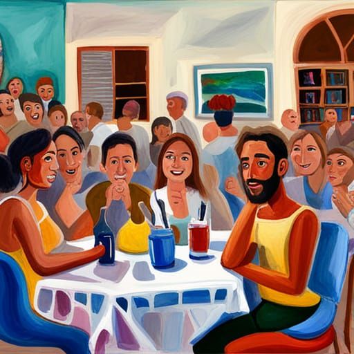 Friends Enjoying Party in Impressionist Gouache Style