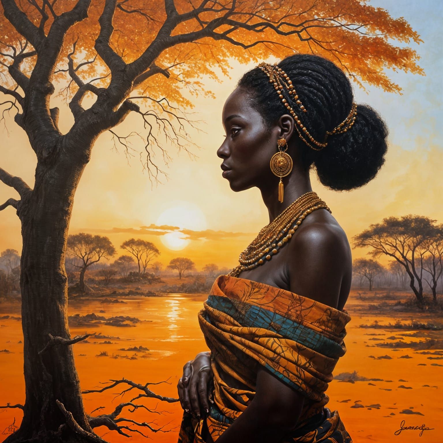 Surreal Sunrise Goddess Amidst Winter Forest in Warm Gold Li...