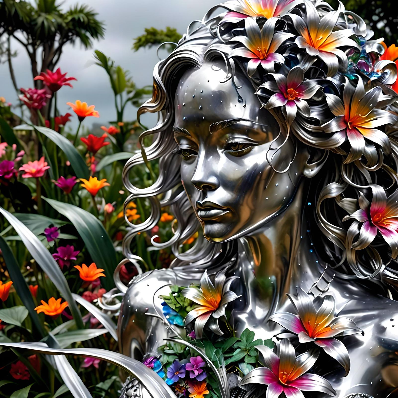 Kinetic Silver Sculpture in Exotic Flower Garden
