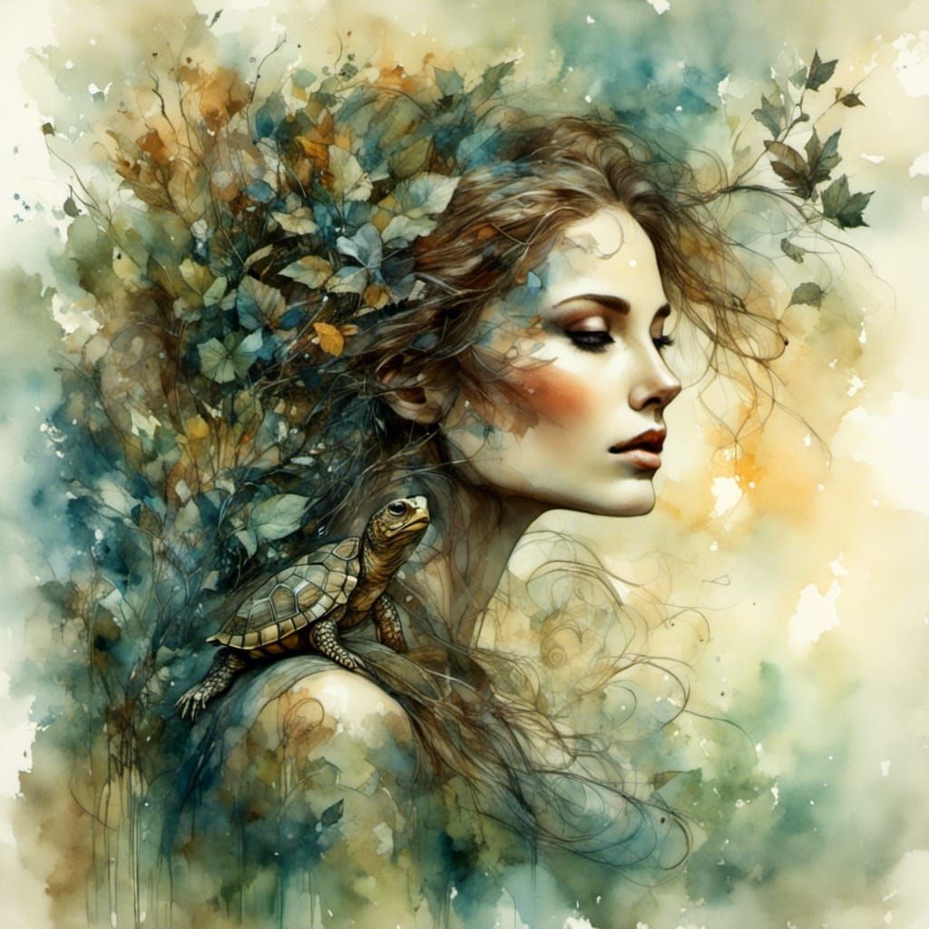Mystical Turtle Woman in Dreamlike Watercolor Forest
