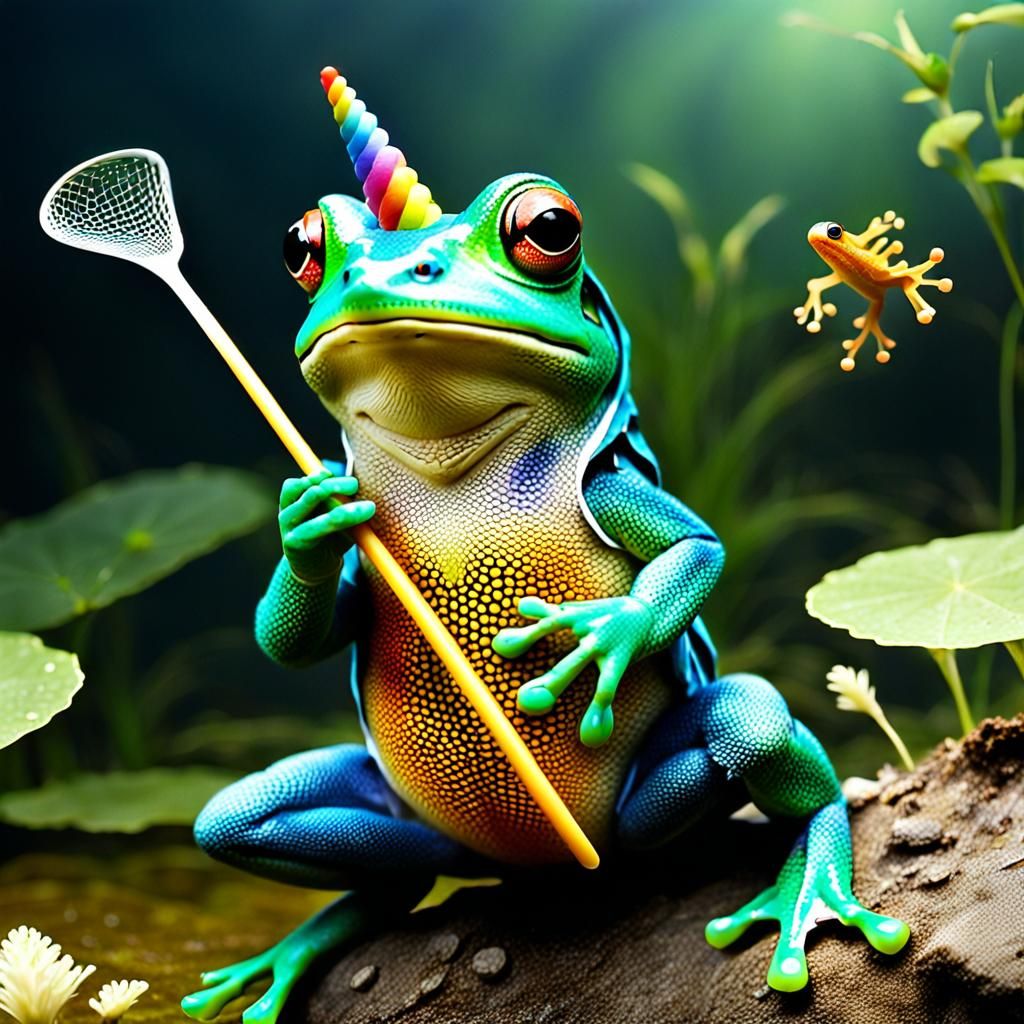 Frog Riding Unicorn Catching Newts in Cartoon Style