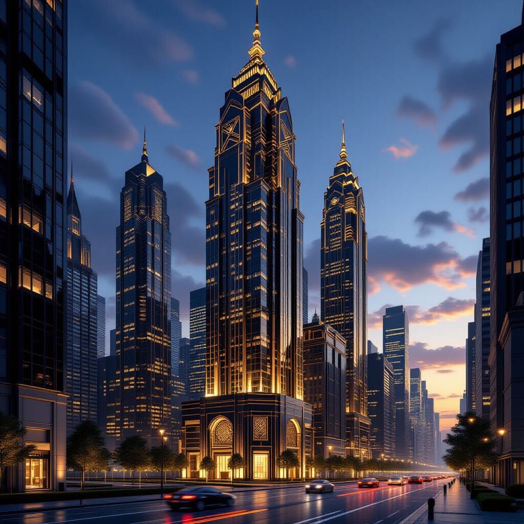 Art Deco Cityscape at Twilight in 3D Visualization