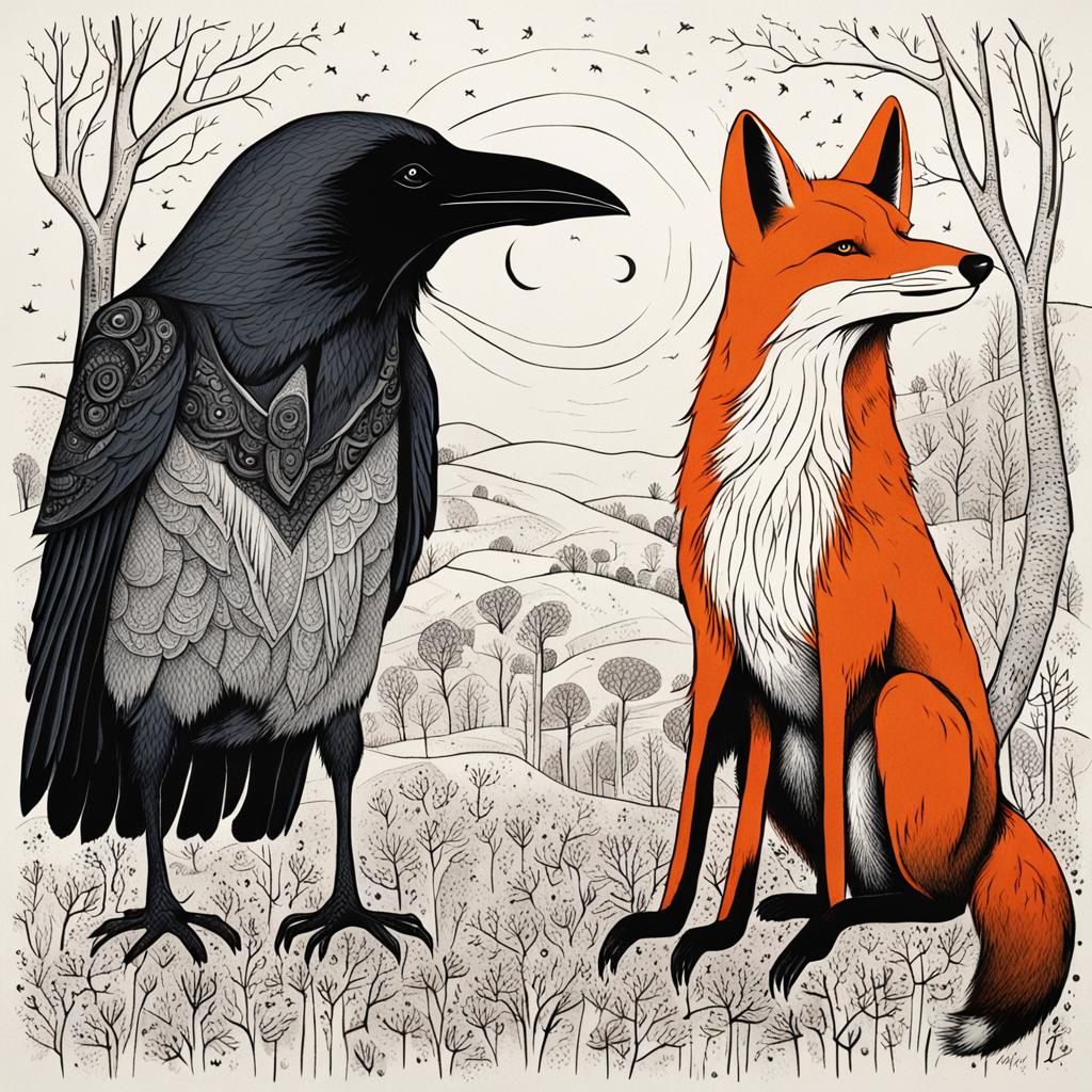 Simple Illustration of a Raven and Fox