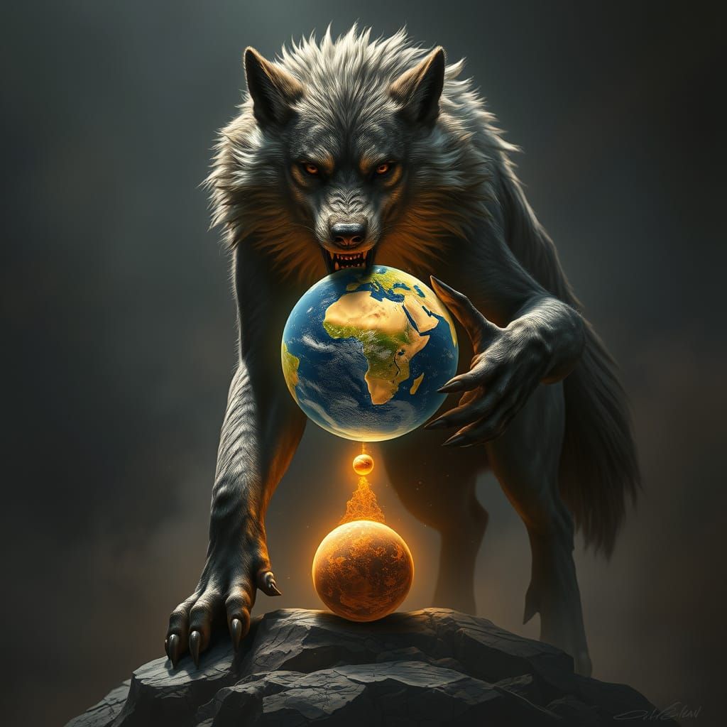 Dire Wolf Balances Glowing Planet in Epic Fantasy Art