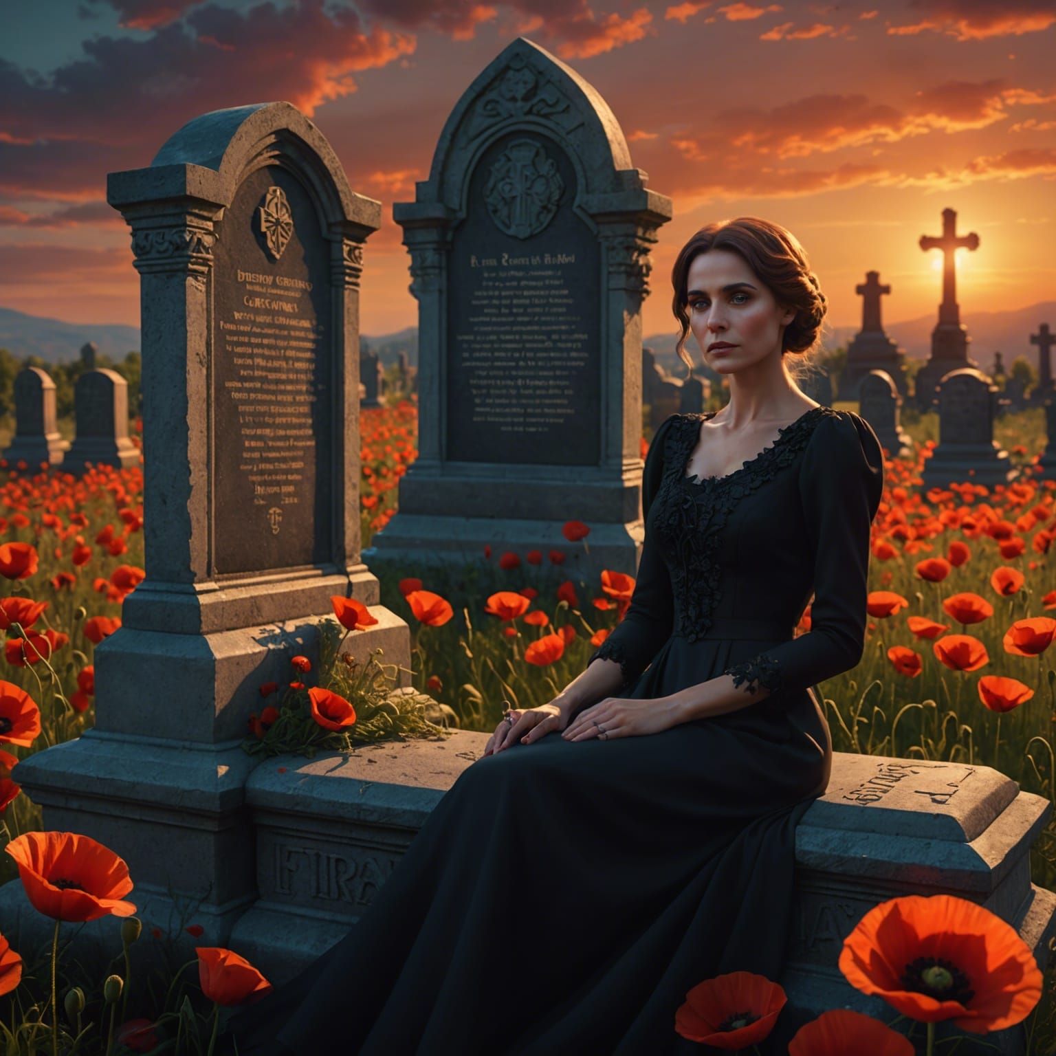 Photorealistic Widow Grieving at Sunset