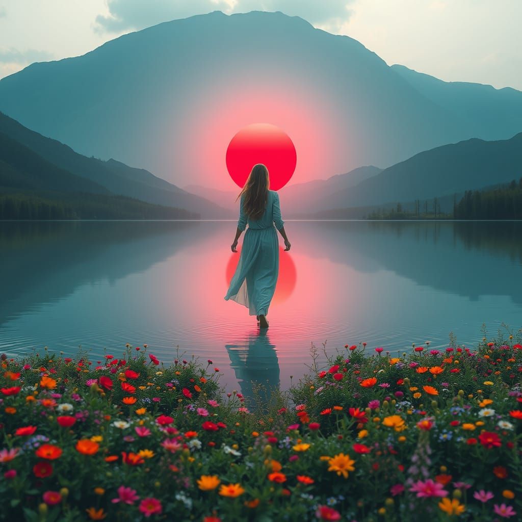 Spiritual Goddess Walking on Lake Water Under Sunset