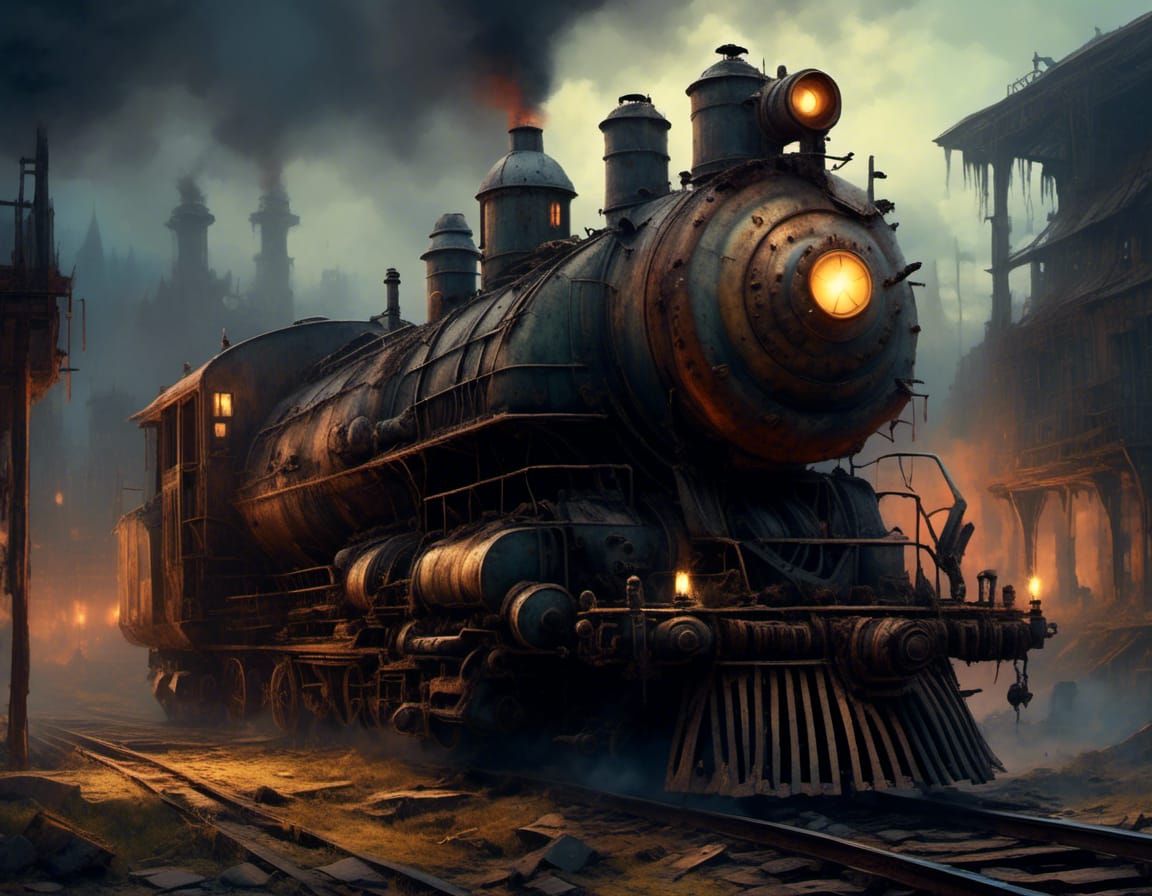 Post-Apocalyptic Train Engine in Hyperrealistic Watercolor