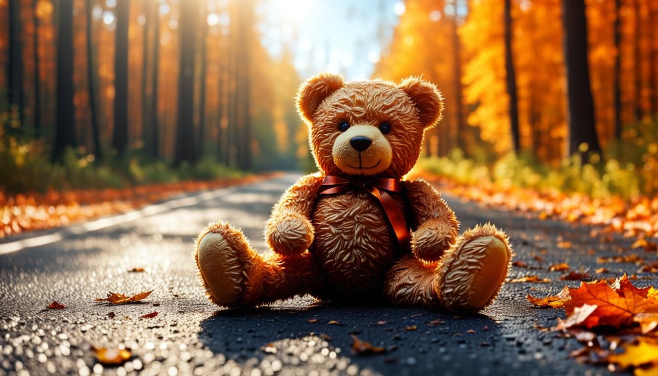Lost Teddy Bear in an Autumn Forest