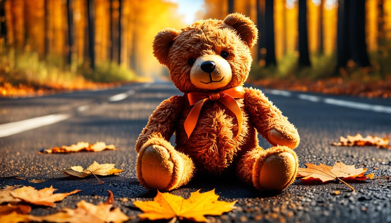 Orange Teddy Bear in Sunny Autumn Forest