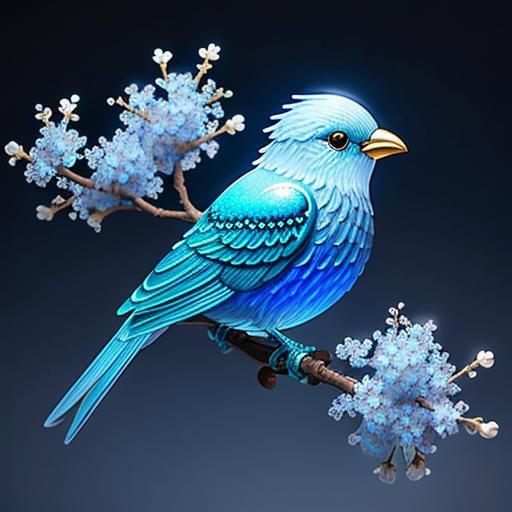 Luminous Blue Glass Bird with Filigree and Moon