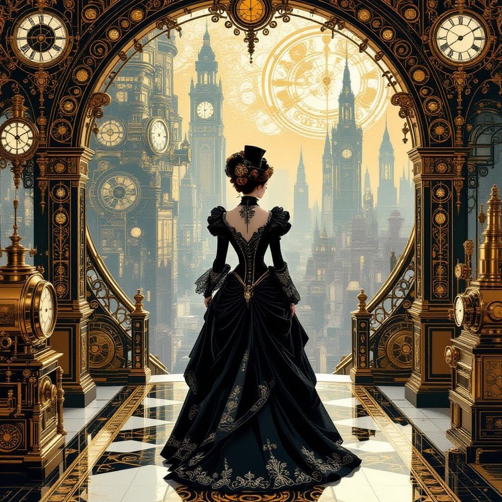 Ethereal Steampunk Goddess in Golden Art Nouveau