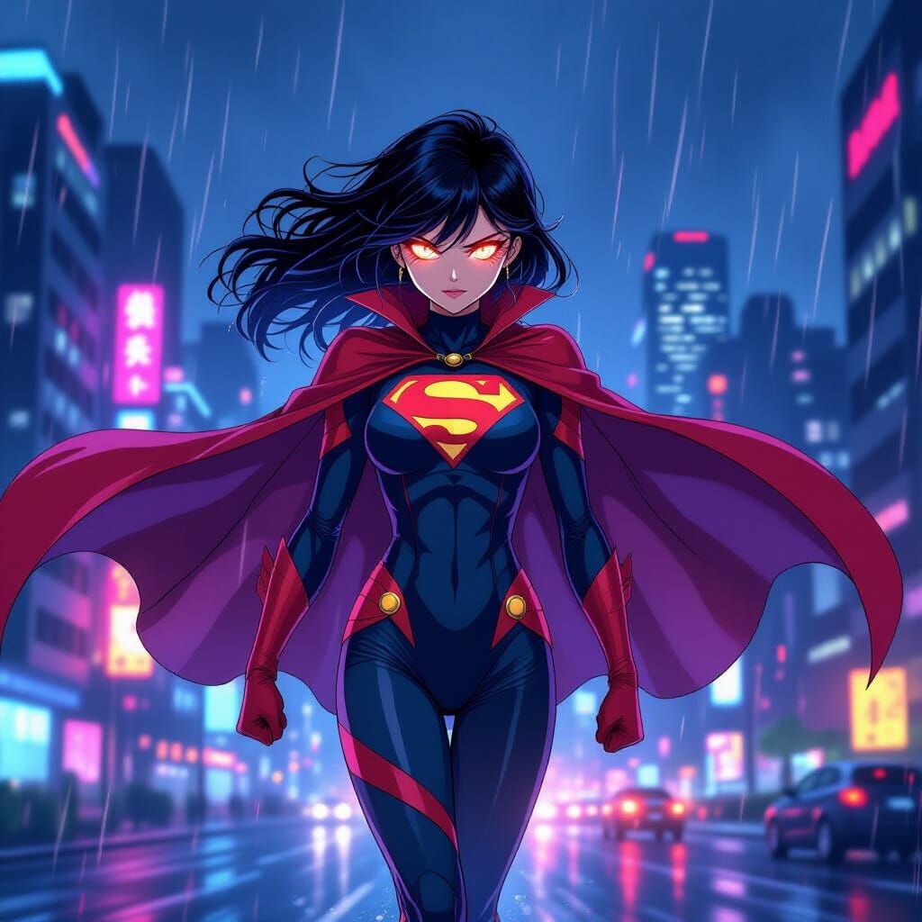 Anime Female Superhero in Dynamic Pose with Glowing Eyes