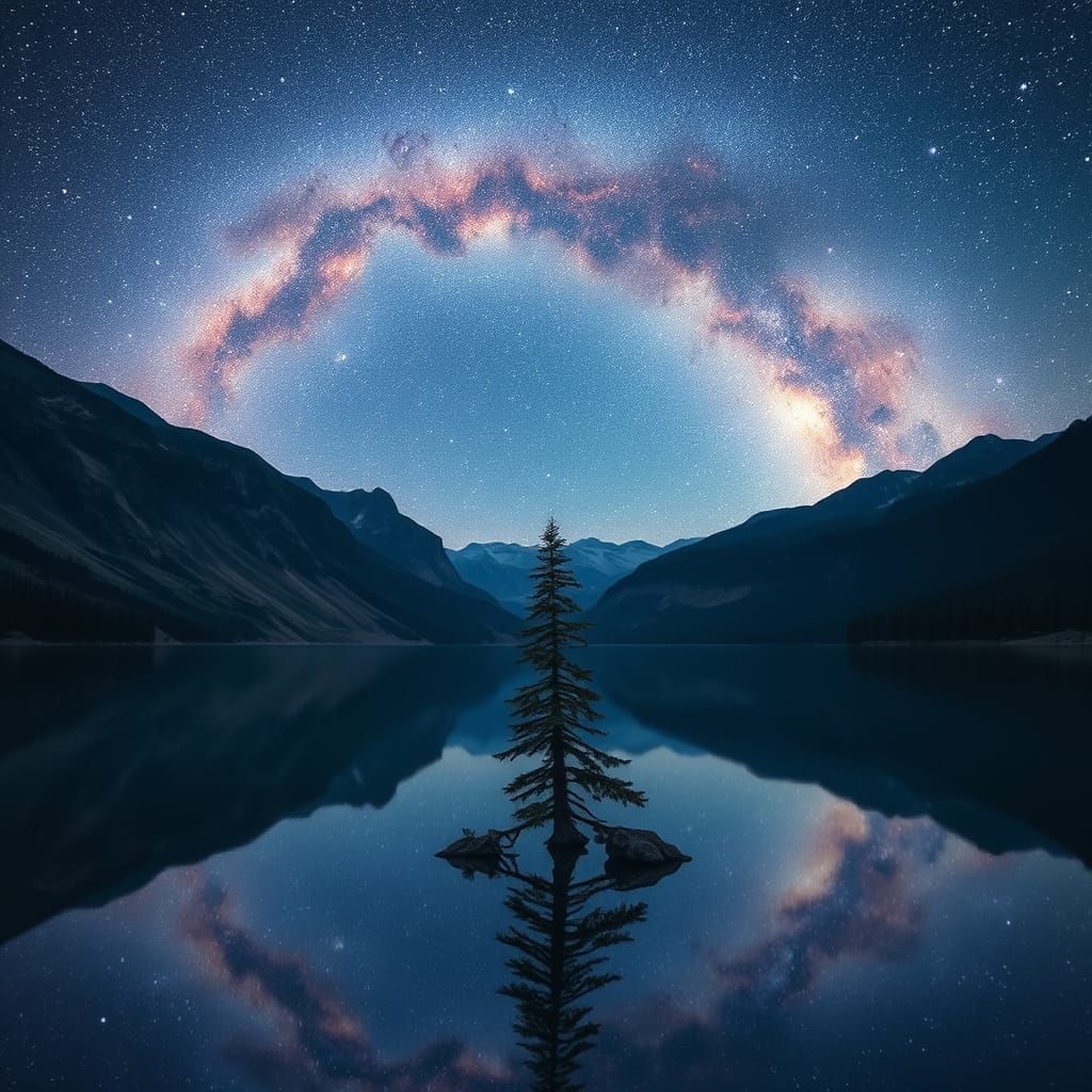 Mountain Lake Reflecting Milky Way Galaxy