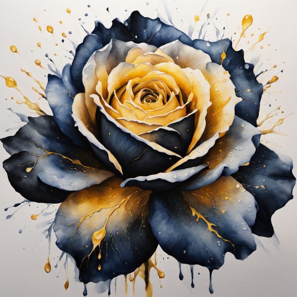 Black Rose Watercolor Painting with Golden Center