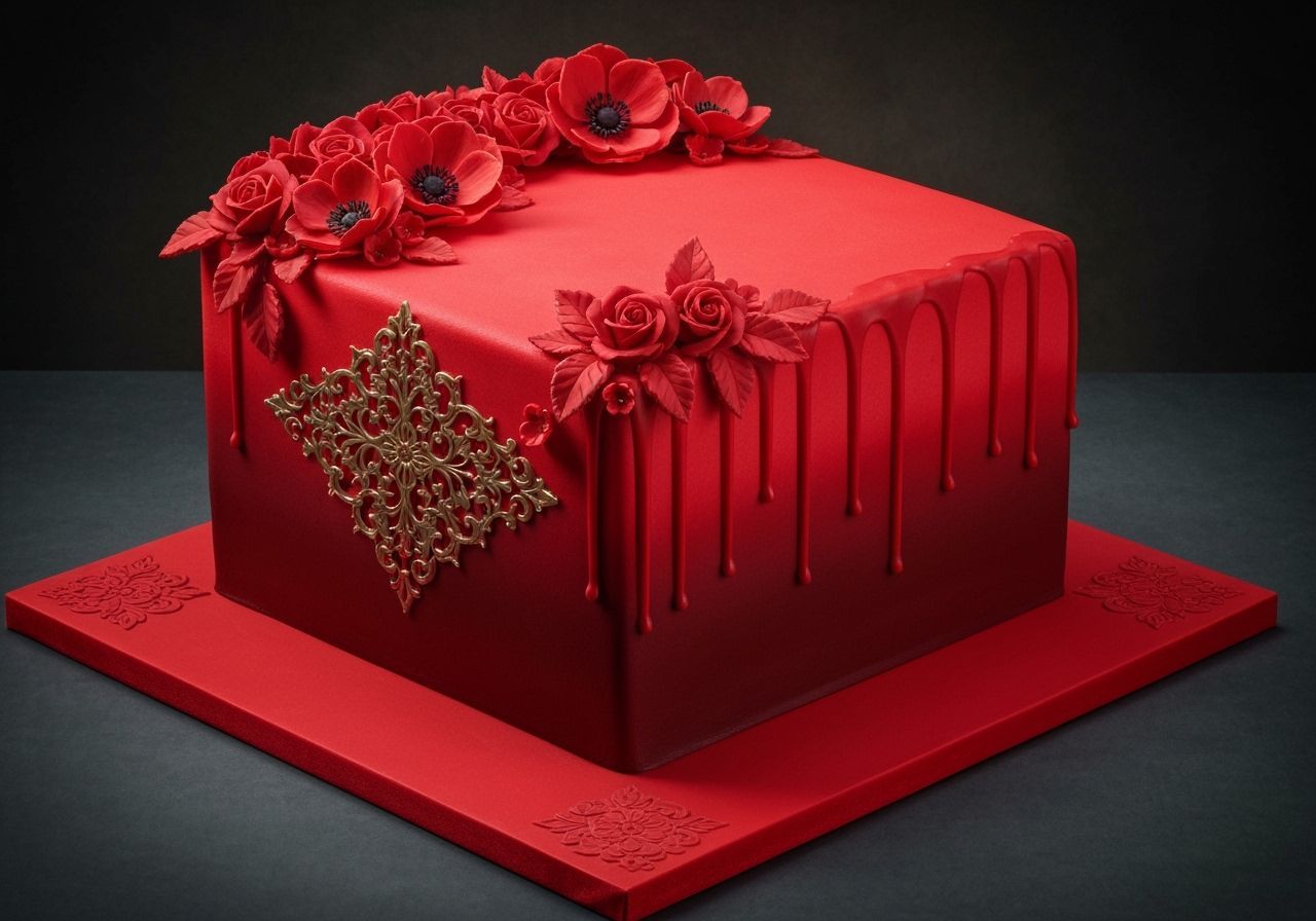 Detailed Red Cake with Fondant Flowers and Gold Filigree