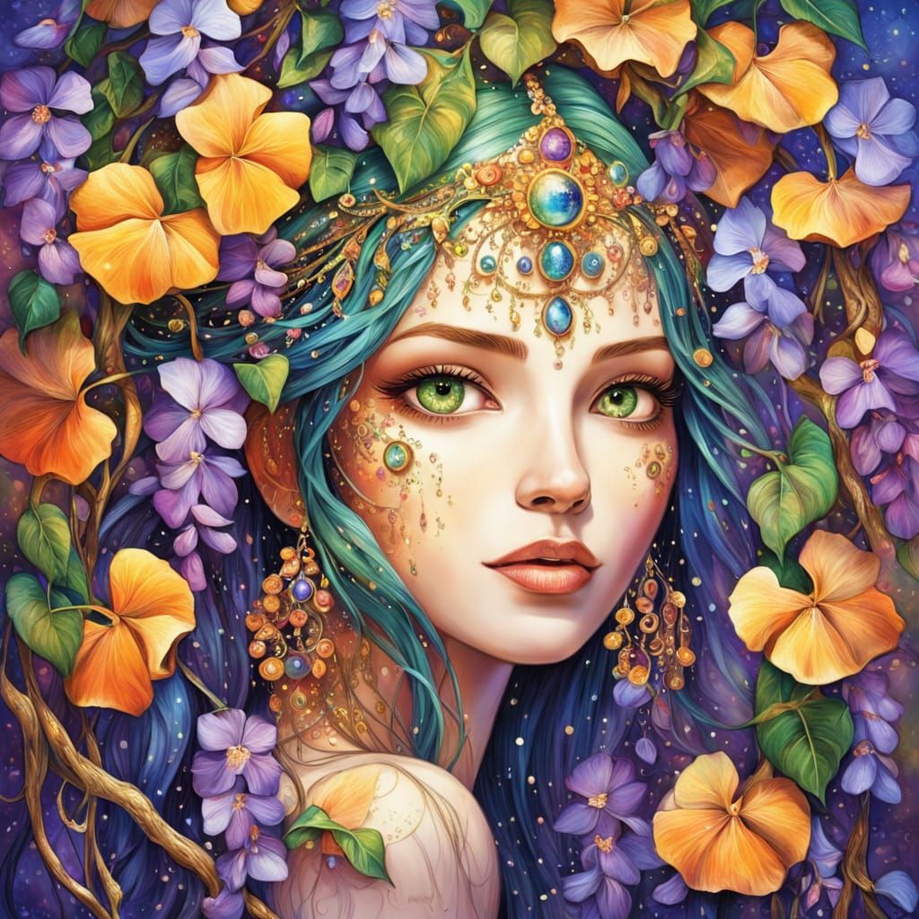 Mystical Woman with Flowered Vines in Anime Style