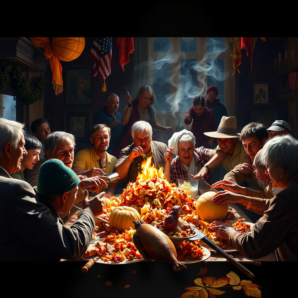 Thanksgiving Food Fight in Dark Fantasy Style