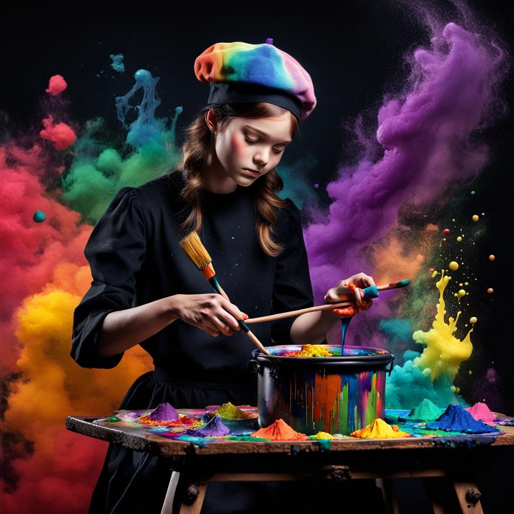 Young Alchemist Mixing Rainbow Potions, Fantasy Concept Art