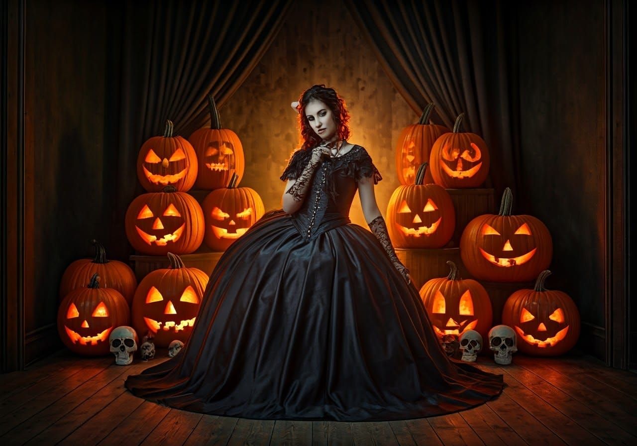 Victorian Woman with Halloween Decor, Bokeh Lighting