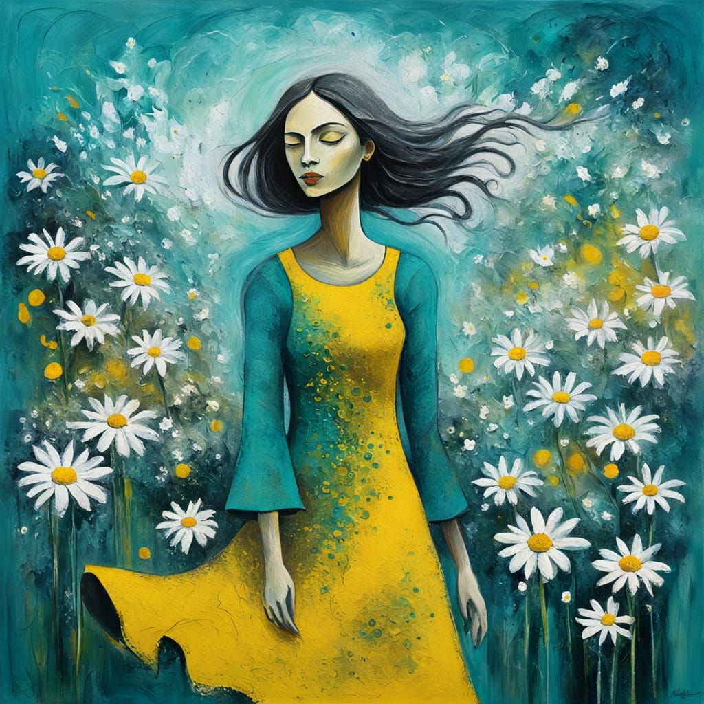 Girl in Teal Dress Among Daisies as Abstract Painting