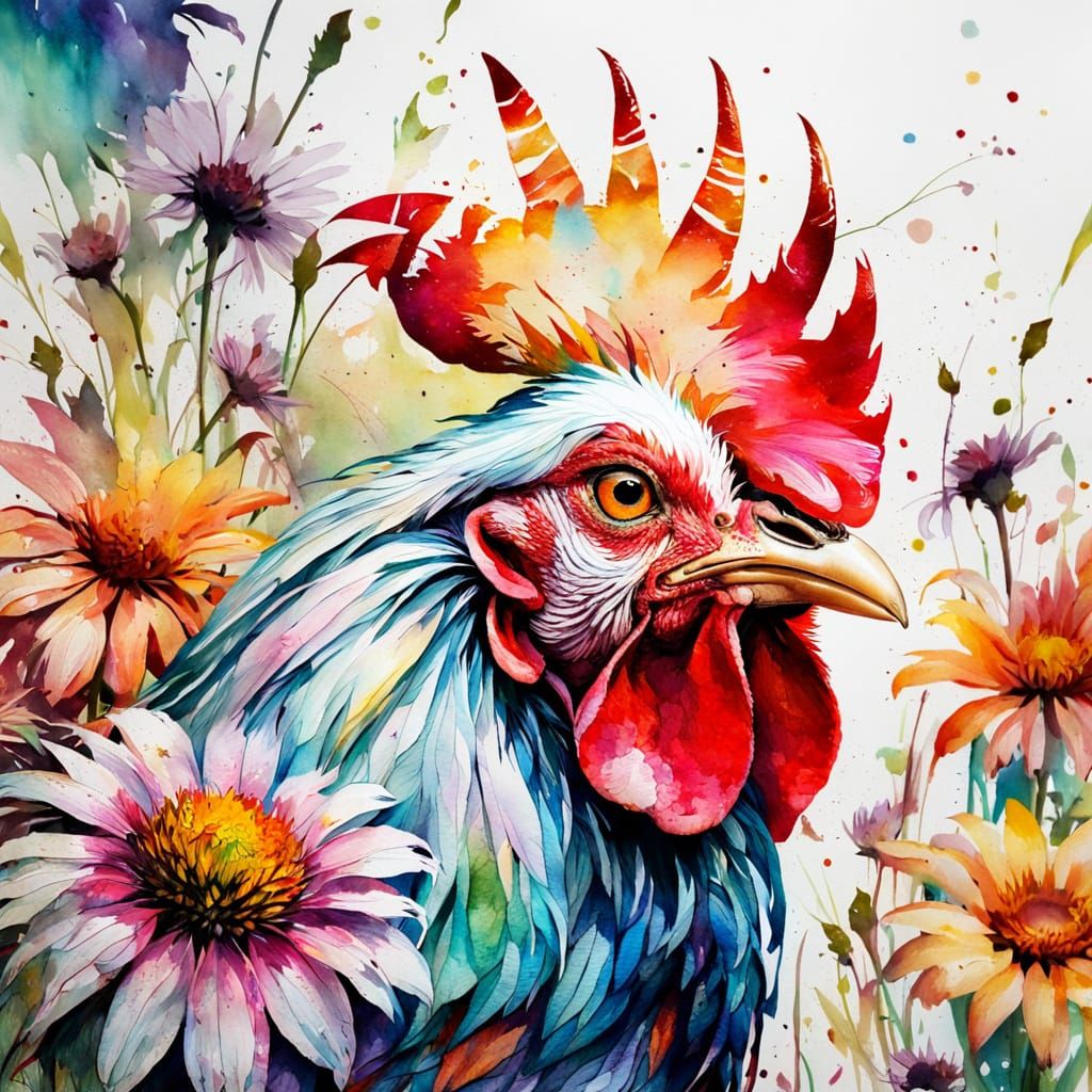 Rooster in Coneflowers: Expressive Watercolor Portrait