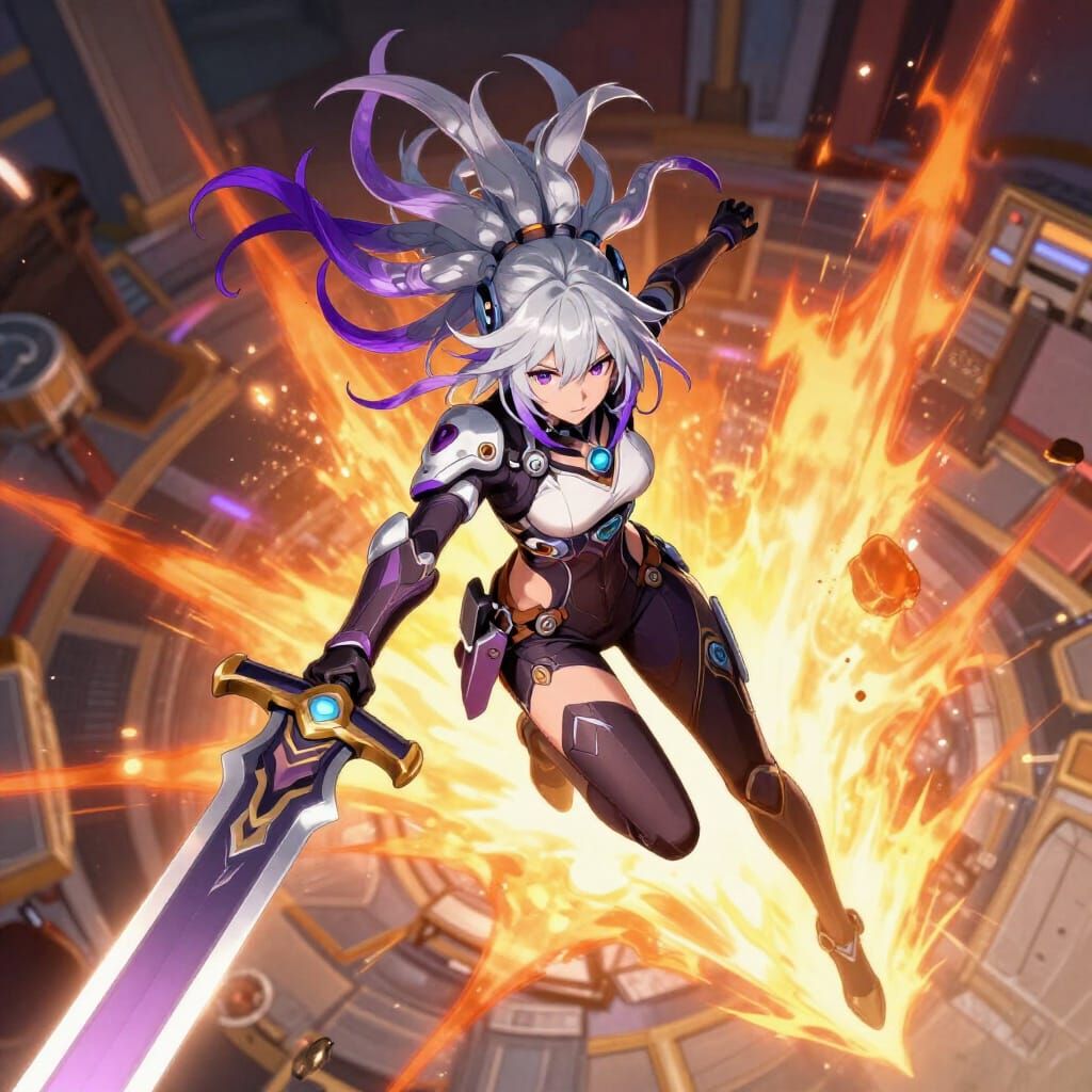 Manga Cyberpunk Soldier with Silver and Purple Hair