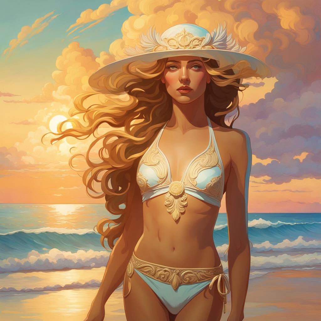 Aphrodite in White Bikini: Art Nouveau Portrait