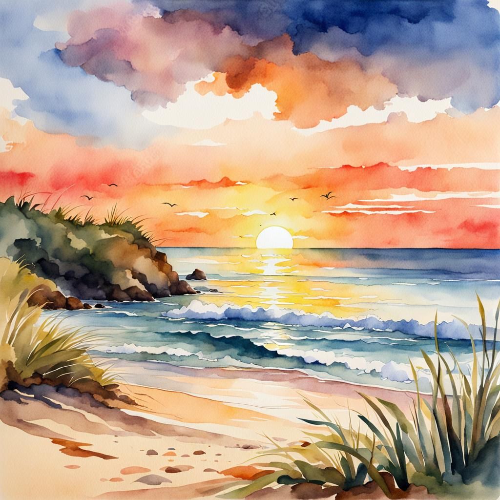 Beach Sunset: Detailed Watercolor Illustration