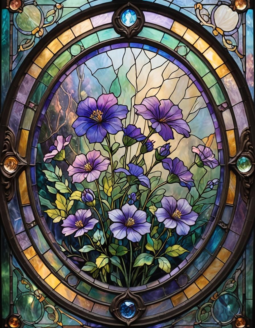 Ethereal Stained Glass Flower in Round Frame