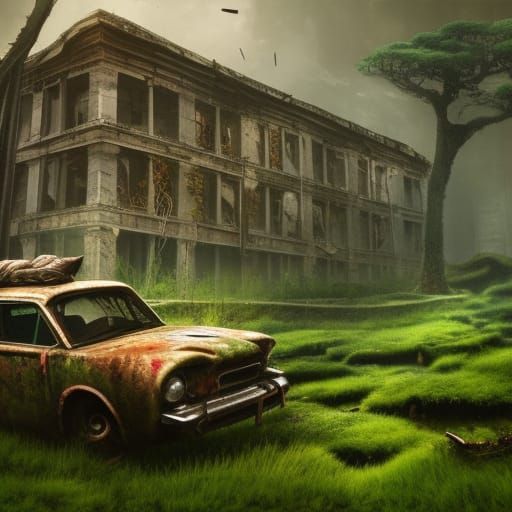 Abandoned Building with Zombies in Detailed Matte Painting