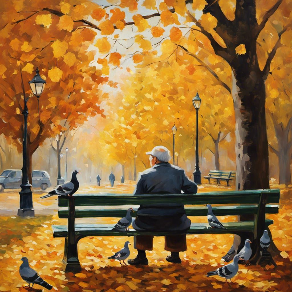 Impressionistic painting of an old man sitting on a park bench, feeding pigeons amidst a shower of golden autumn leaves.