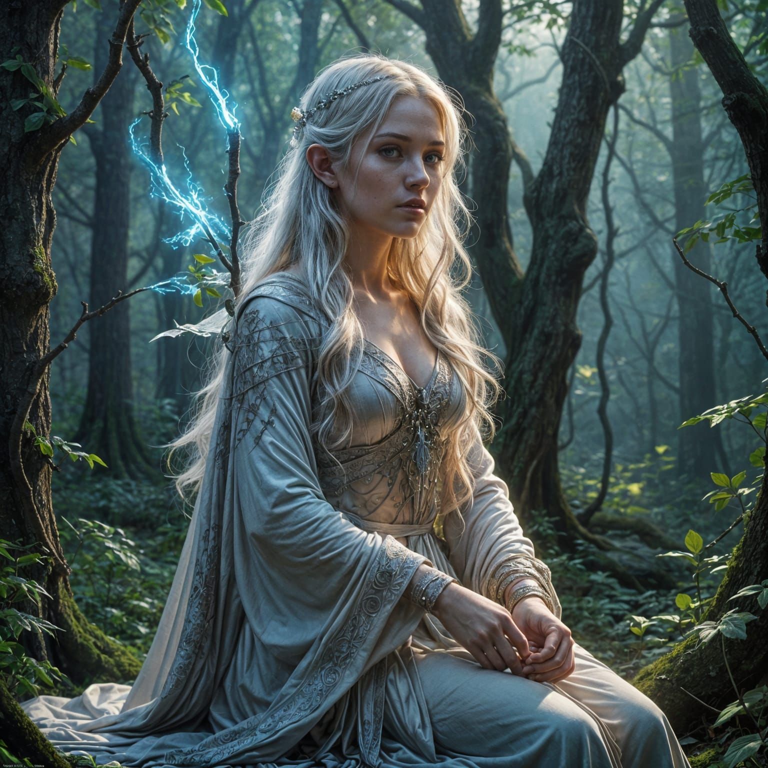A lone elven huntress with long white hair, wearing a flowin...