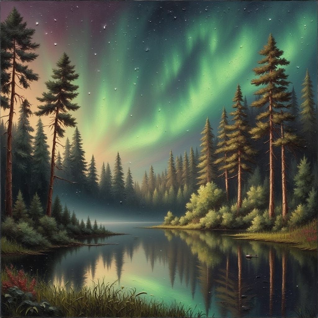 Ethereal Forest Landscape under Aurora Borealis in Danish Go...